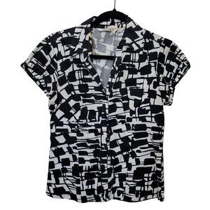 Como Black White Collared Button Up Short Sleeve Shirt Women's Petite Small 1281